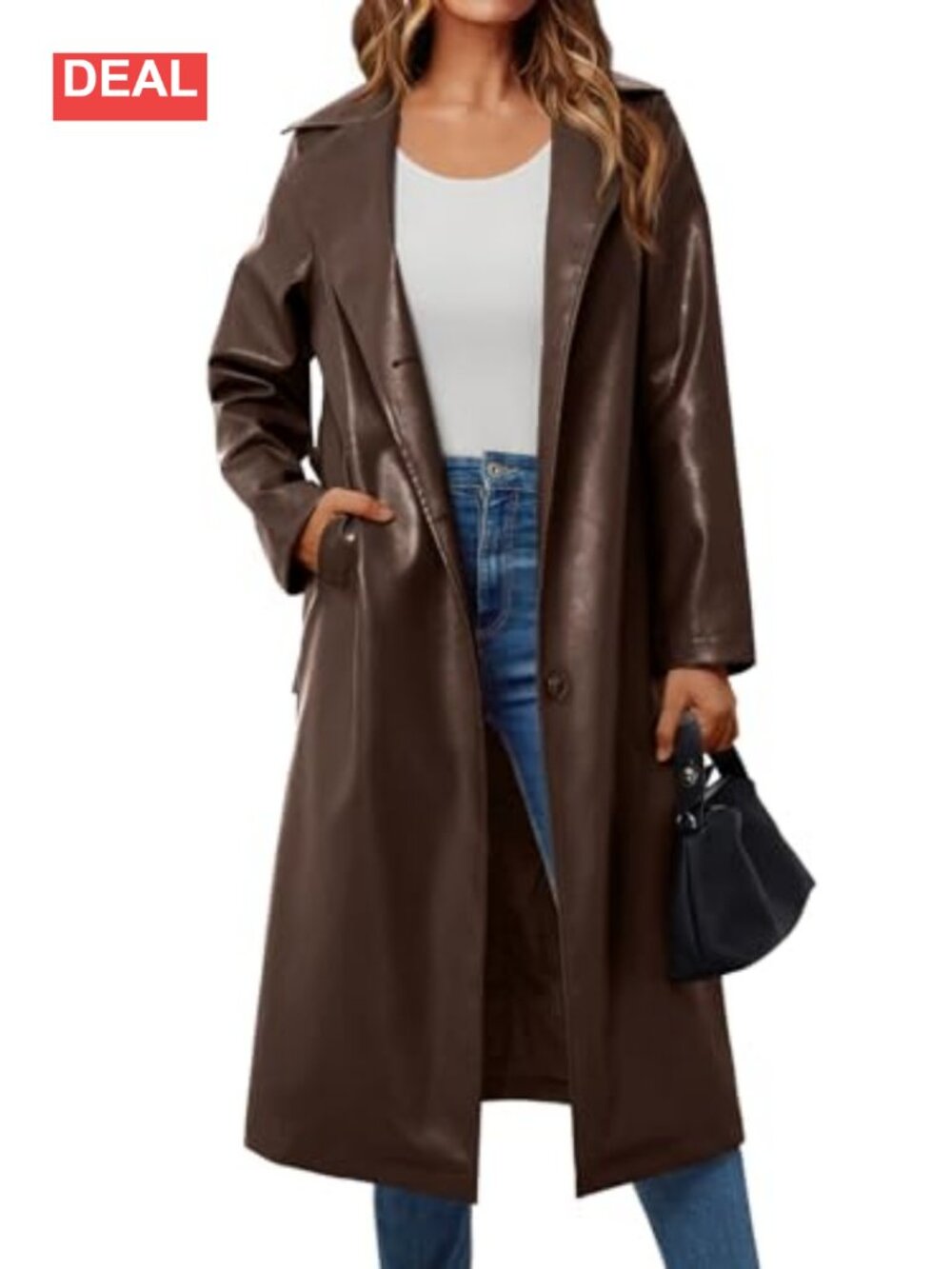 Faux Leather Trench Coat Belted Knee Length Long Sleeve